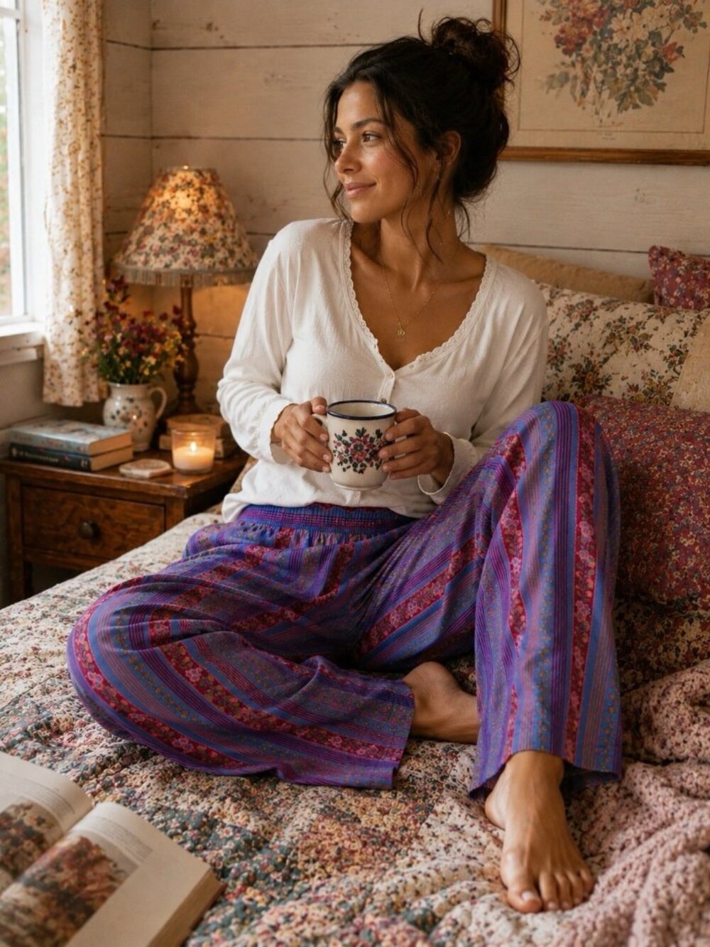Natural Life Womens Mix & Match Pajama Pants Sz Small Retro Ribbons Navy Floral